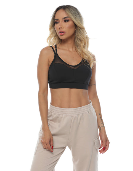 Top Mila con filtro solar, copas removibles y cortes en malla